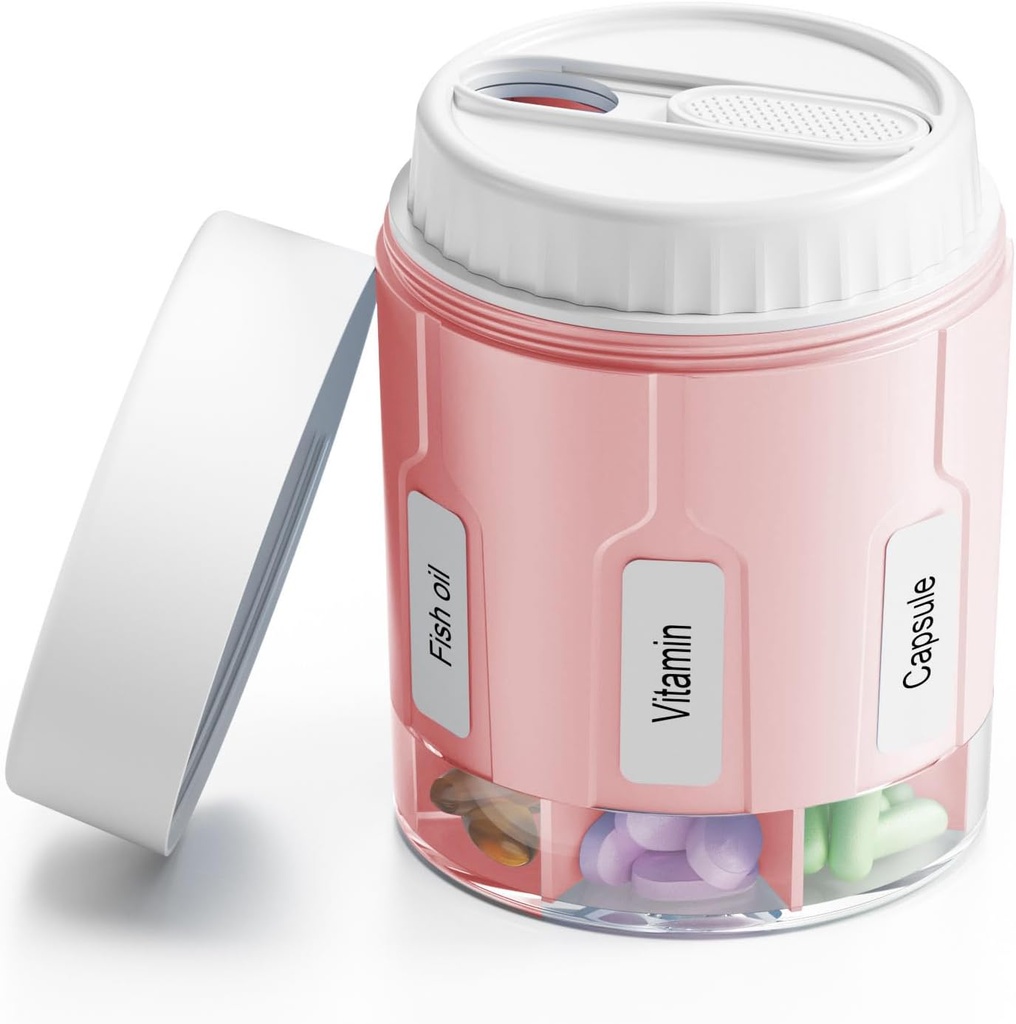 Daviky tablete Bottle Organizer, Dopolnilo Organizator s 7 Velikimi oddelki, potovalne tablete Dispenser okrogle tablete Škatla z dvema lids(Pink+ Bela)