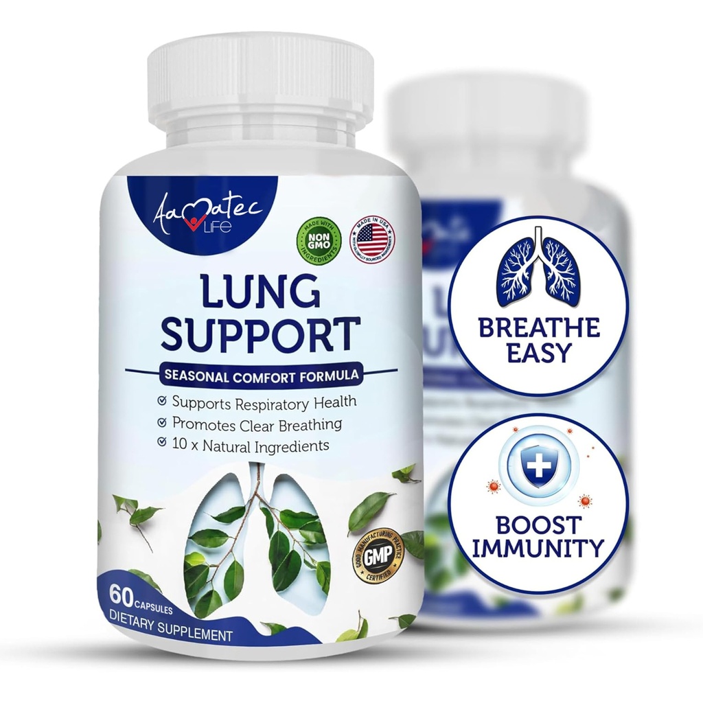 Lung Support Dietary Supplements Herbal Breathing Support 10 Active Ingredients Original Formula for Lung Health Lung Cleanse Formula Supplement for Bronchial System 60 Capsules Non GMO