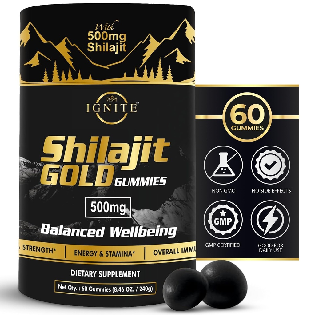 Čista himalajska shilajit Gumies – 75%+ Fulvic Acid, Visoka moč zlata stopnja – Mešanica za energijo, Vitalnost in Imunska podpora, Potovanja - Prijazno, Tamarind Flavor – 60 Gumies