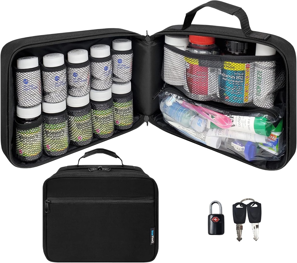 Velika oblazinjena tableta Bottle Organizer, Medicine Bag, Case, Nosilec za zdravila, Vitamini, in medicinske potrebščine - Travel Medicine Organizer in Domov Skladišče Med Bag - Črna (z TSA Lock)