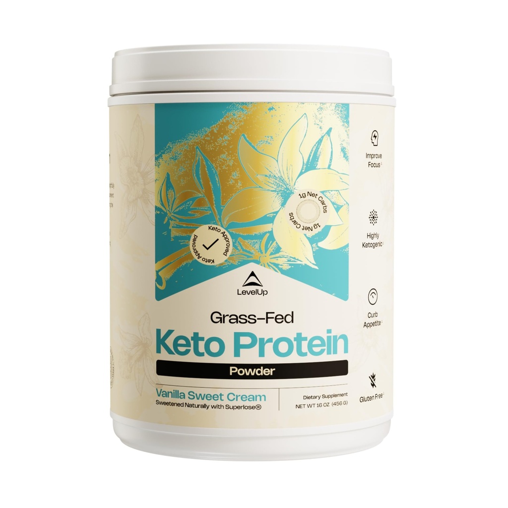 LevelUp Keto Protein, s kolagenskimi peptidi, energizirajočimi MCT, sirotkinimi izolati, ketogenimi beljakovinami v prahu - vanilija sladka krema