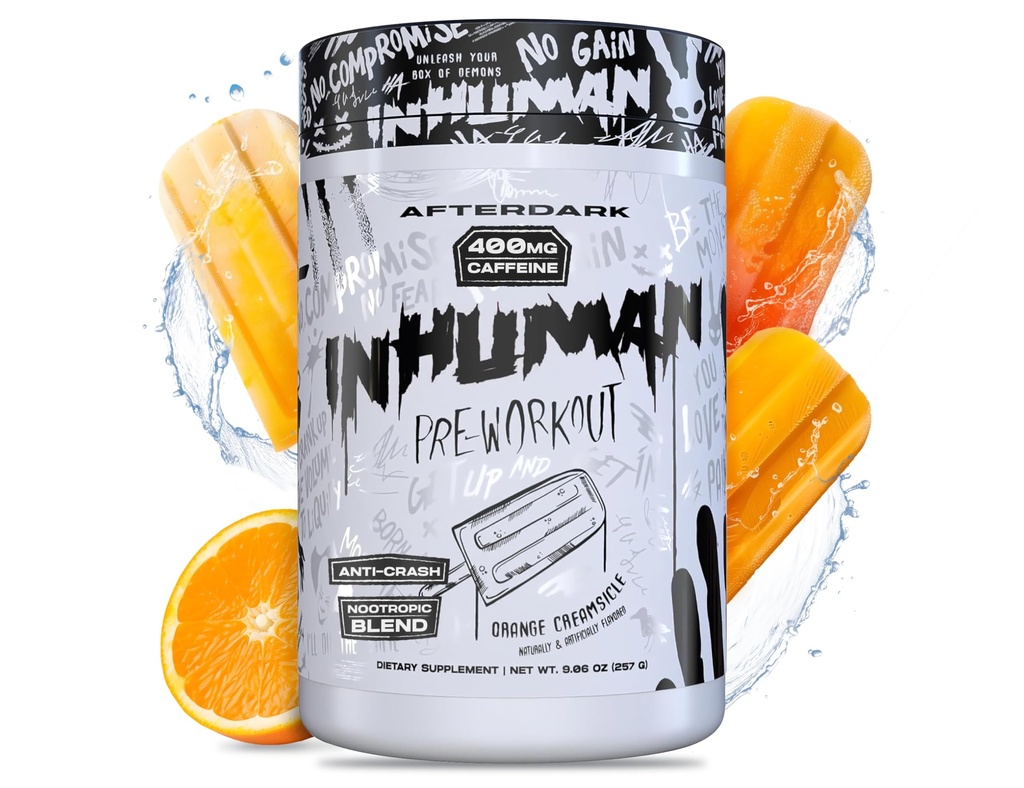 AFTERDARK INHUMAN pred treningom prašek, Izboljšana miselno-mišična povezava, Trajna energija, Močna nootropna mešanica, Vegan, Gluten-free, Soy-free, 400mg kofein, Brez Crash, Orange Creamsicle