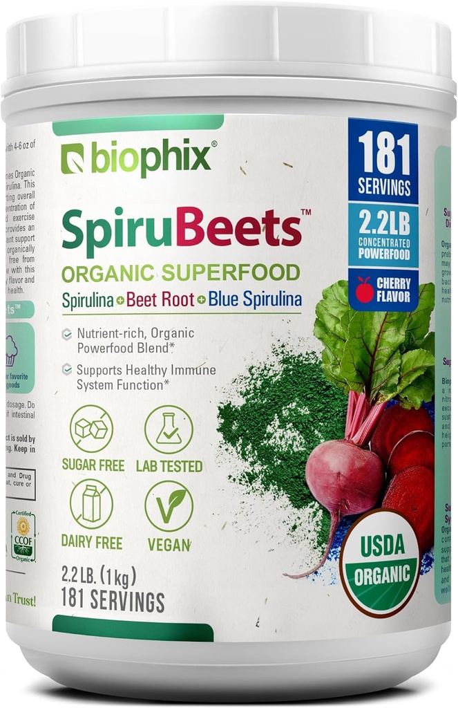 Biophix Organic SpiruBeets 2,2 lbs Sprirulina - Beet Root - Beljakovine-Rich Nutrient-Dense Superfood Powder - bogat z dušikovim oksidom