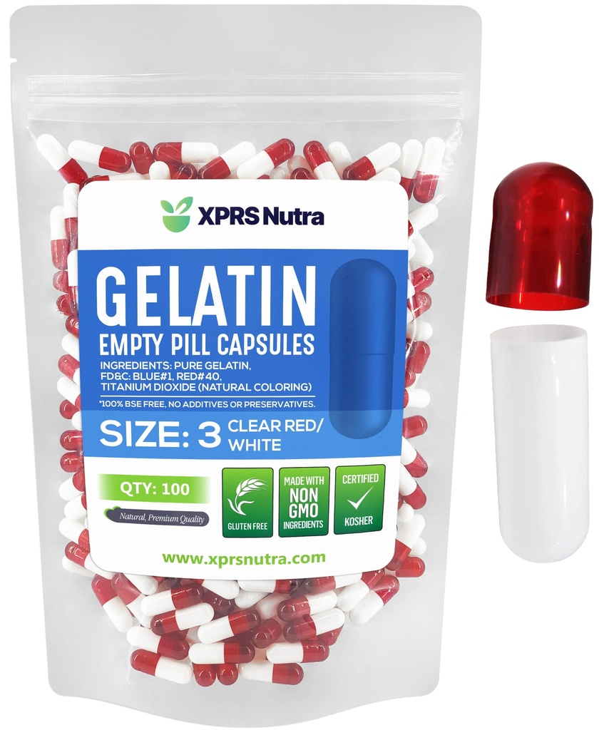 XPRS Nutra velikost 3 prazne kapsule - 100 Število praznih kapsul želatina - tablete DIY Kapsule Polnjenje - Čiste Goveje tablete Gel caps Napolnjen za Do-it-Your-Your Vitamini in dodatki (Čisto rdeča/bela)
