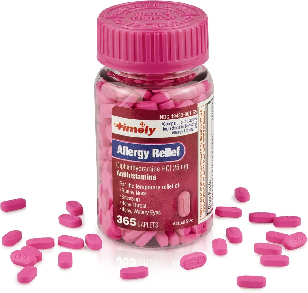 Pravočasna alergija Relief Difenhidramin HCl 25 mg - 365 Kapleti - v primerjavi z Benadryl Alergija Ultratab - Antihistaminik - Alergija Medication - Runny Nose Relief za odrasle - vodene oči zdravljenje
