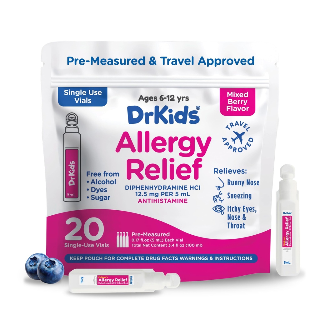 Dr. Otroci Otroška alergija Relief Medicine z difenhidramin - Predmerjeni eno-uporabni Viale, Otroci Antihistaminik za Sneesing, Runny Nose & Srbeče oči, Mešane Berry Flavor, 20 Število (Pack of 1)