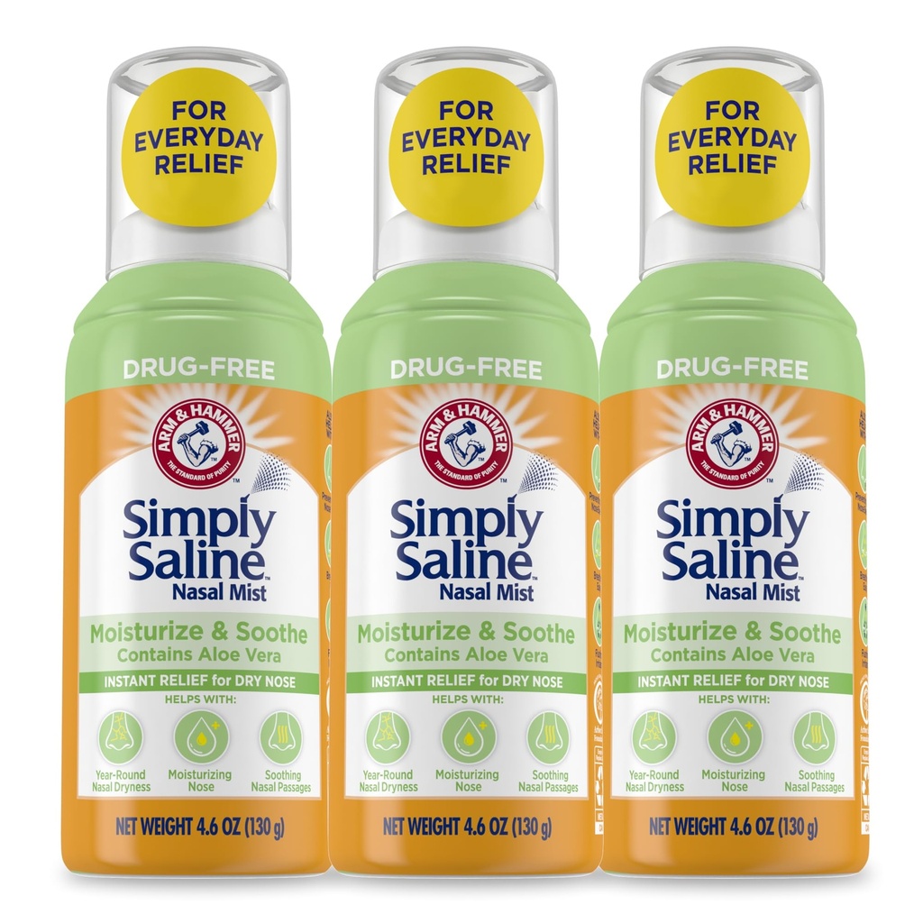 Arm & Hammer Preprosto Saline Moisturize & Soothe Nasal Mist, Brez zdravil Vlažilno Saline Nasal Spray za takojšnje lajšanje suhega nosu, 4.6 Oz (130 g), 3 Pack