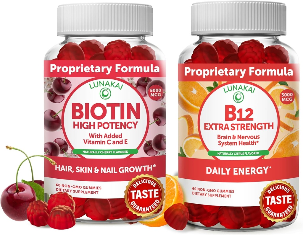Lunakai Biotin in vitamin B12 Gumies Bundele - Las kože in nohti Rast Gumies z vitaminom C in E - Non-GMO & Vegan dodatek za energetsko podporo in zdravje kosti - 30 dni