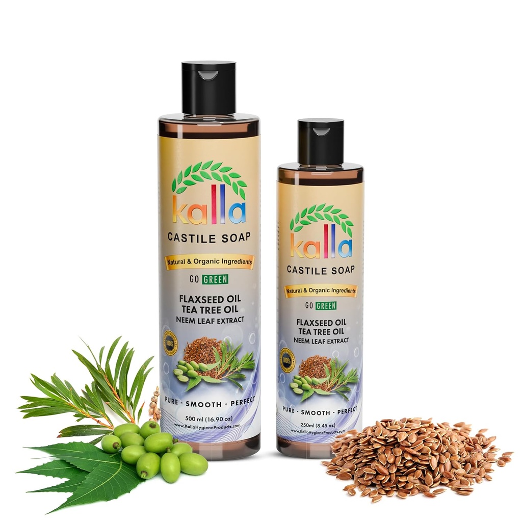 Kalla organsko laneno seme kastiljsko milo100% Pure Kastiljska Liquid Milo Neem list ekstrakt-250ml, Certified hladno stiskano deviško kokosovo olje, čajno drevo bistvenega pomena Kastiljska Gluten prosto roko