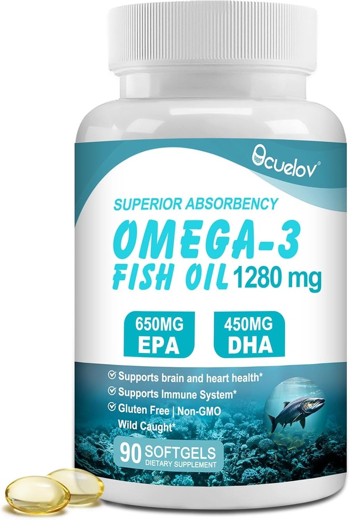 Omega 3 ribje olje dopolnila,Triple moč Omega 3 Hranilna dopolnila z 650mg EPA 450mg DHA na serviranje - Možgani, Oko, Srce in Imunsko zdravje podpora - 90 Softgels (45 Serv)