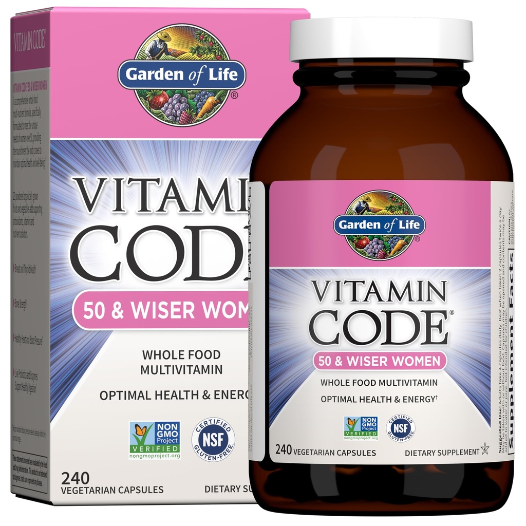 Vrt življenja Vitaminska koda Multivitamin za ženske 50 & več, 240 Kapsule, za ženske 50 Plus z vitamini B, vitamini A, C, D3, E & K, CoQ10, probiotiki in encimi