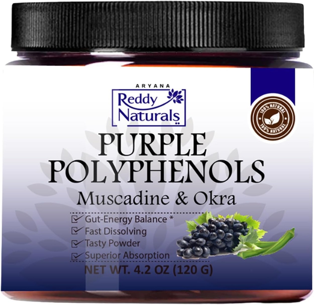 Reddy Naturals - Purple Polifenols dodatek z Muscadine grozdnega semena ekstrakta - Natural Gut Health Support Powder with Okra Extract, Antioksidant Mešanica za energijo in prebavnega zdravja (30 strežnice)