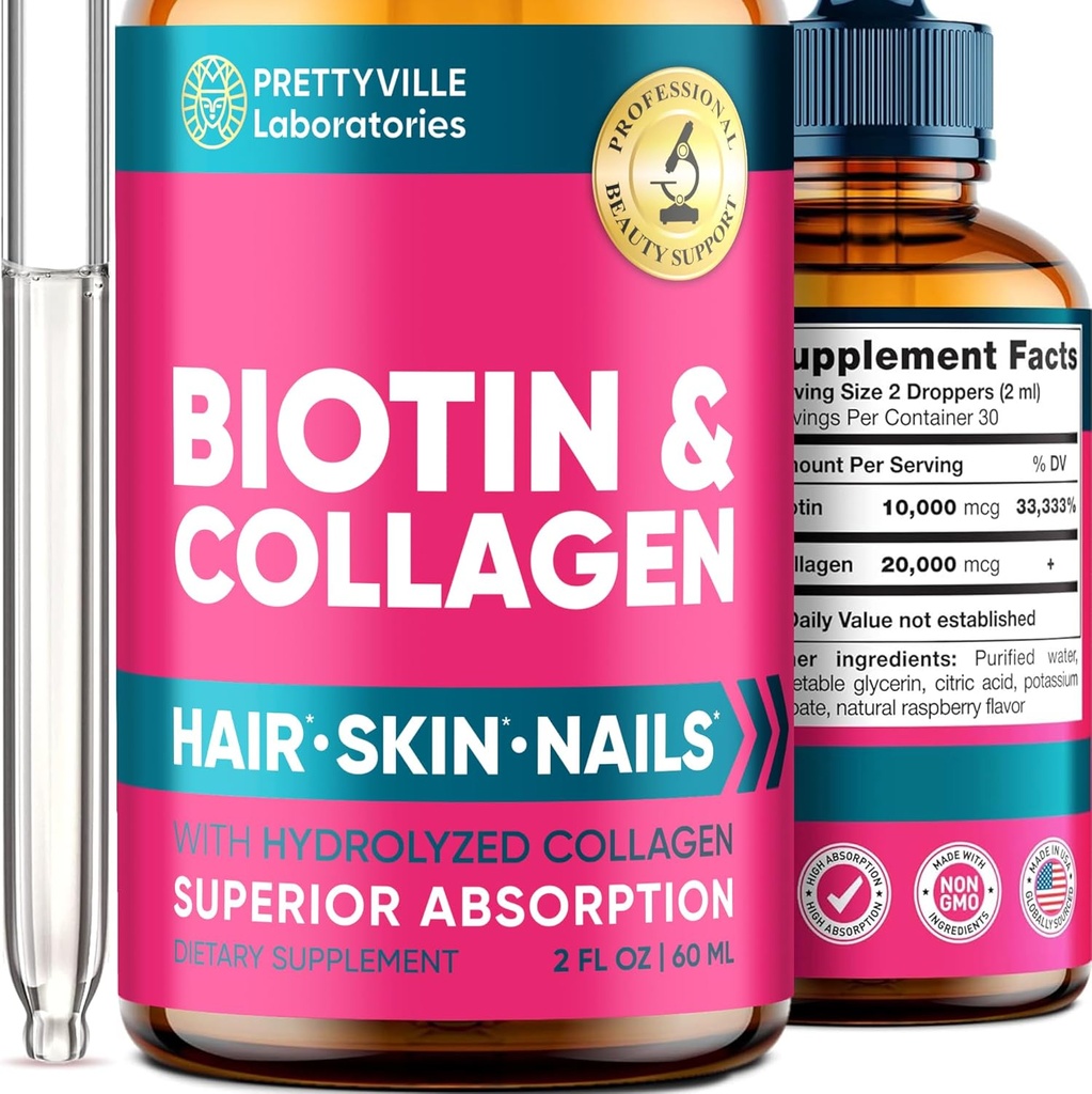Tekoči kolagen in biotin za ženske - 30000mcg Kolagen in Biotin za rast las - Izdelano v ZDA - Hidrolizirano kolagensko in biotinsko olje za rast las, zdrave kože in nohti - Veganski kolagen in Biotin Vir - 2 fl oz