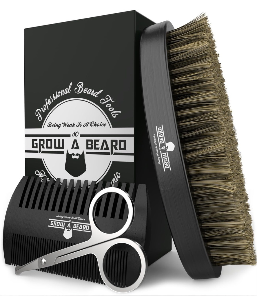 Brada Brus za moške in brada Comb Set w/Mustache Škarje Grooming Kit, Naravna Boar Brist Brush, Dvodelni ukrep Wood Comb, in potovalna vreča super za božično darilo