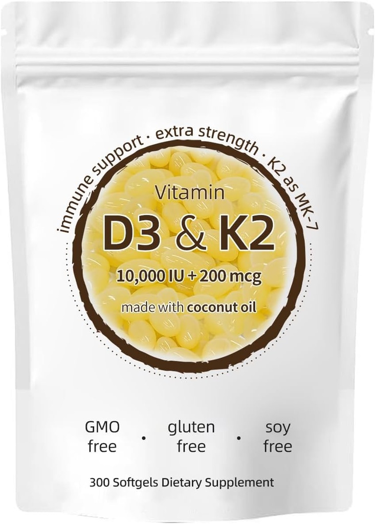 Vitamin D3 K2 dodatek, 10000 i.e. D3 + 200 MCG K2, 300 Softgels, Non-GMO, Gluten-free