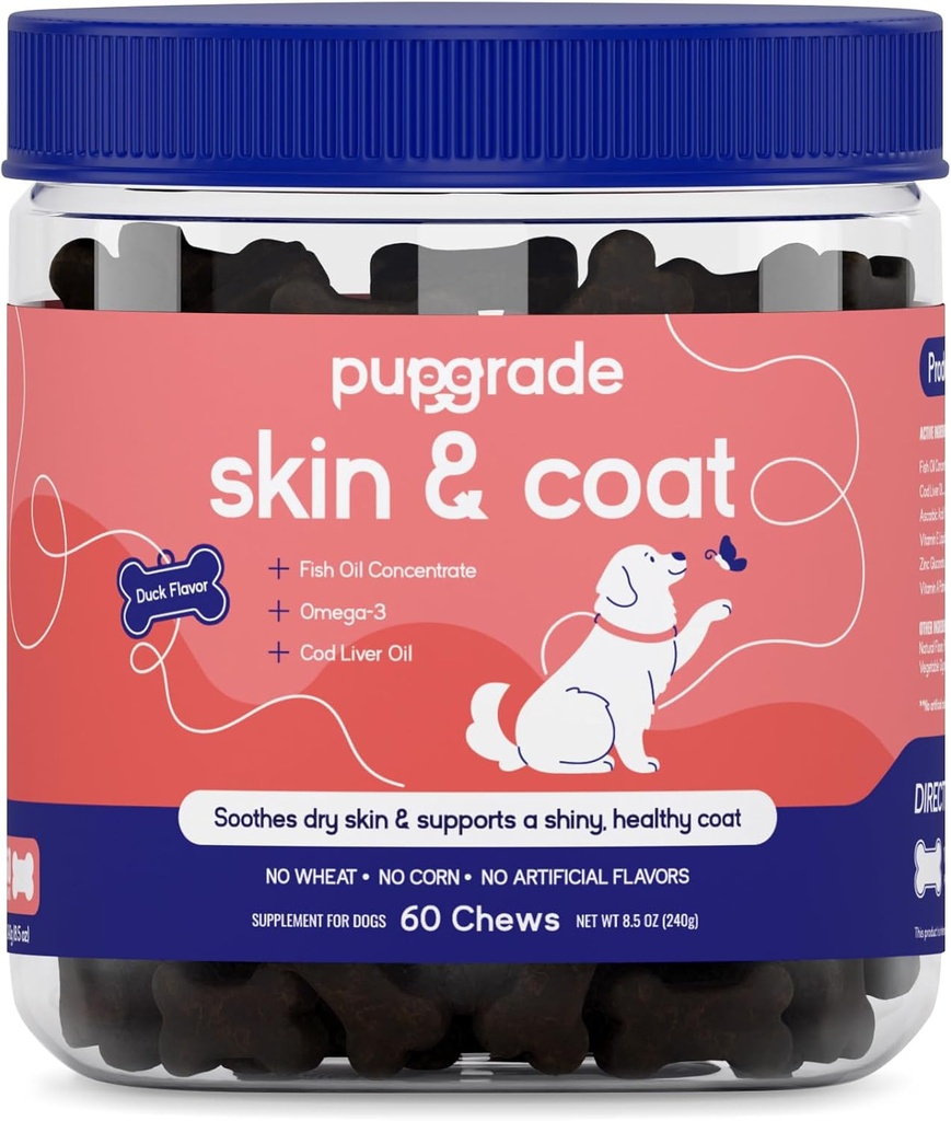 PupGrade Skin & Coat Soft Chew dodatek za pse – Podpira zdravo kožo, plašč in imunske funkcije - bogata z naravnim ribjem oljem, Omega maščobne kisline in vitamini – 60 Soft Chews