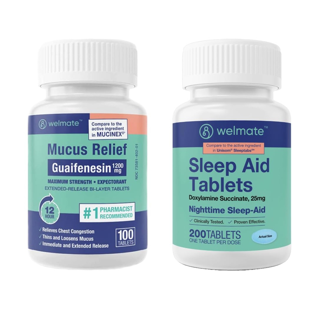 WELMATE nočno wellness paket: Največja moč Guaifensin 1200mg Mucus Relief (100 Ct) & Doksilamin Succinat 25mg Pomoč v spanju (200 Ct) 
