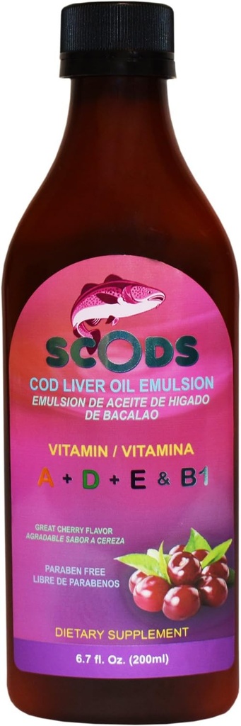 Emulzija de Scods Cereza Cod Jetrno olje Emulzija Cherry 200ml Vitamin A + D + E & B1