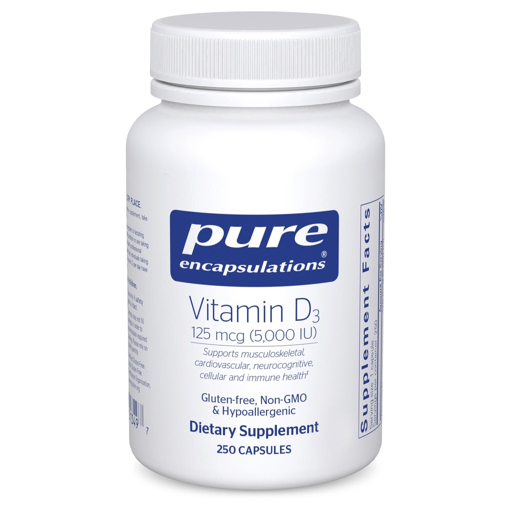 Čiste enkapsulacije Vitamin D3 125 μg (5. 000 i. e.) - dopolnilo za podporo kosti, sklepov, dojk, srca, kolonije in imunskega zdravja* - z vitaminom D - 250 kapsul