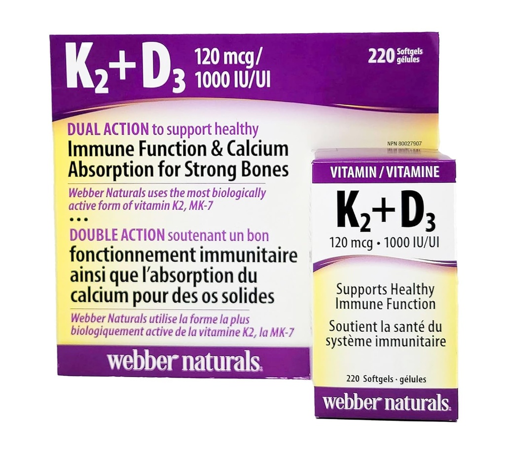 Webber Naturals K2 + D3 120 μg/1000 i.e., podpira zdravo delovanje imunskega sistema - 220 kapsul