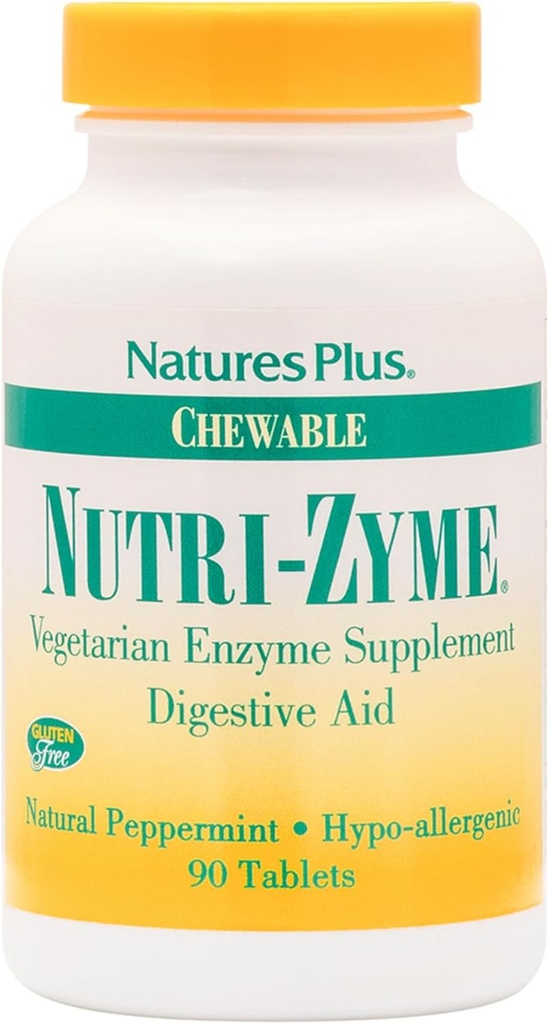 NaturesPlus Nutri Zyme - 90 Žvečljive tablete, Peppermint Flavor - Vegetarian Enzyme dodatek z bromelainom in papainom, naravna prebavna pomoč - Gluten-free - 45 Služabniki