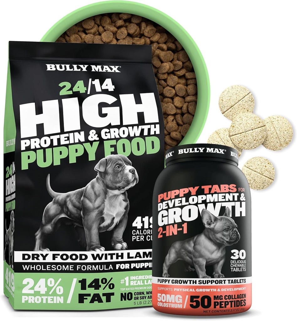 Bully Max 24/14 High Protein Puppy Food (5lbs.) in kužki vitamini (30 žvečljivih tablet) za razvoj in rast paket – mišice, imuno, kosti in prebavna podpora v majhnih in velikih pasem mladičev