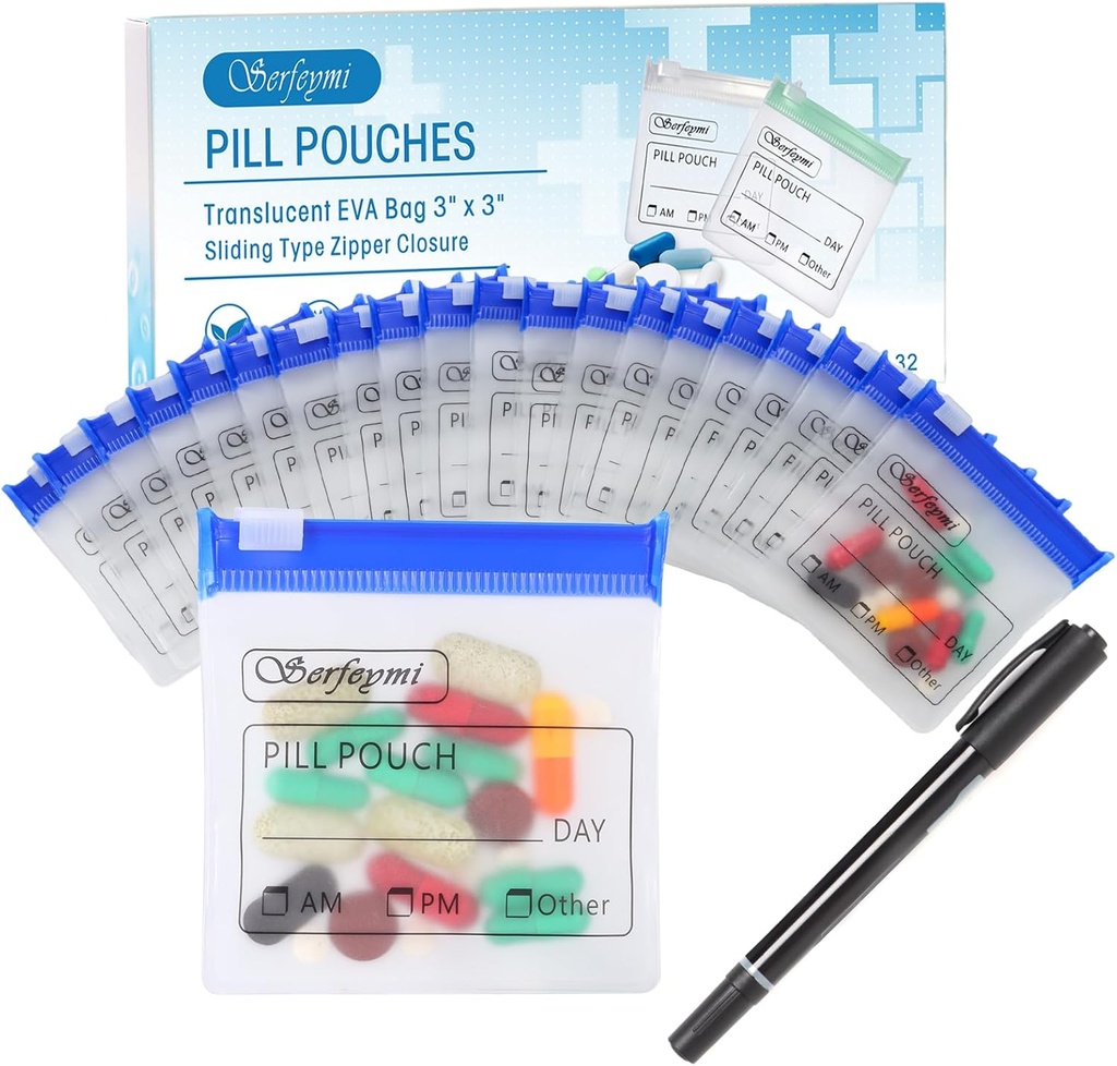 Serfeymi 32 Pcs Zippered tablete vrečke Organizator plastične vrečke 3 X 3 Inches 12 mil Self tealing z diapozitivno ključavnico Zapisna nalepka Transparent Travel Medicine Shramba vrečka in 1 Pc Marker-Modra