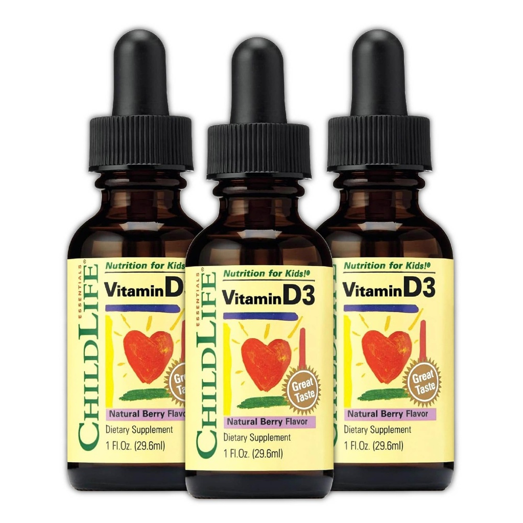 CHILDLIFE ESSENTIALS Vitamin D3 Kapljice za otroke, otroke, in malčki - Tekoči vitamin D kapljice, 500 i.e. na kapljico, Imunsko zdravje in zdravje kosti, Naravni Berry - 1 Fl Oz (Pack of 3)