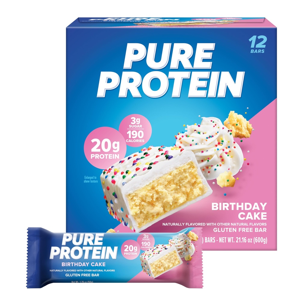 Čiste beljakovinske čokoladice, visoke beljakovine, hranilni prigrizki za podporo energije, nizek sladkor, Gluten brezplačno, rojstnodnevna torta, 1,76 oz, pakiranje po 12 (Packaging May Vary)