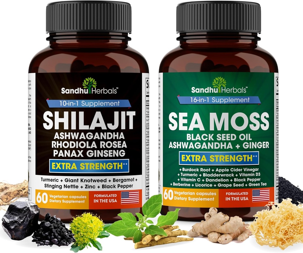 SANDHUHERBALS Sandhu Zelišča Bundele - Sea Moss, Shilajit, črno seme olje, Ashwagandha, Ginger, Rhodiola Rosea, Panax Ginseng, Stinging Nettle