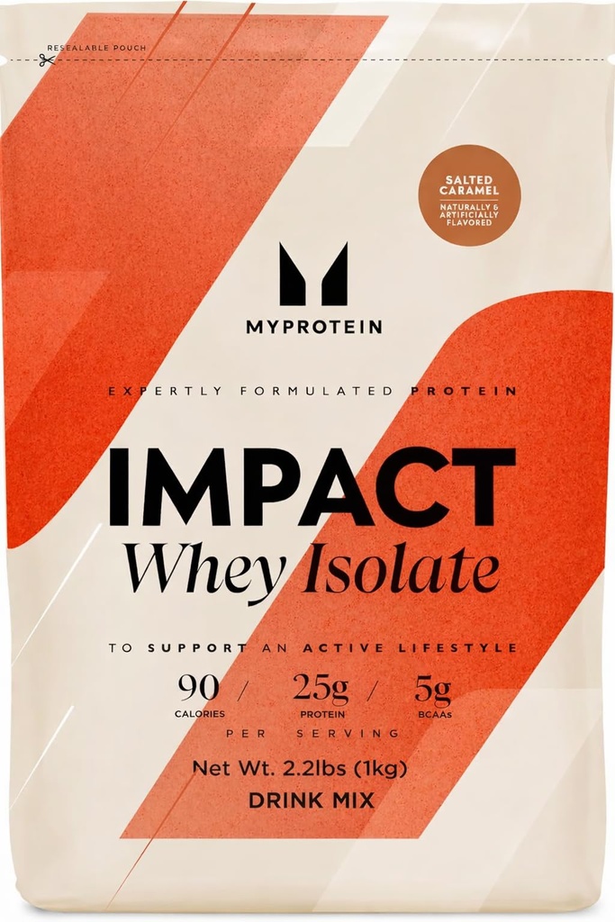 Izolat sirotkinih beljakovin Myprotein Impact, 2,2 Lbs (40 serverjev), soljena karamela, 21g proteinov in 6g BCAA na serviranje, brez glutena stresa za mišično moč in okrevanje
