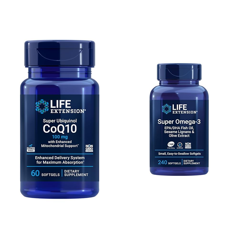 Life Extension Super Ubikinol CoQ10 z izboljšano mitohondrijsko podporo, ubikvinol CoQ10 & Super Omega-3 EPA/DHA ribje olje, Sezam Lignans & Olive Extract - Omega 3 dodatek