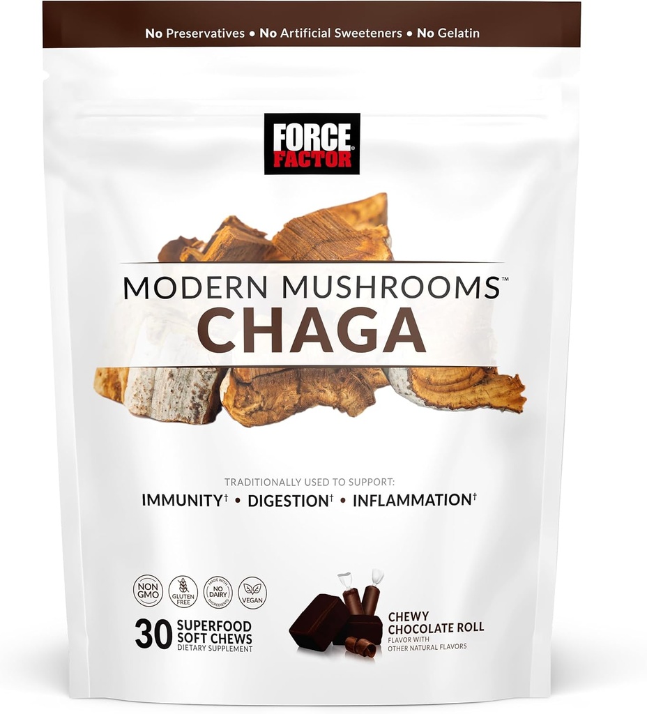 FORCE FACTOR Sodobne gobe Mehki žveči, Chaga gobe dopolnilo za podporo Imuniteta, Prebava, & Gut Zdravje, Antioksidanti dodatek, Okusno Chewy Chocolate Roll Flavor, 30 Soft Chews