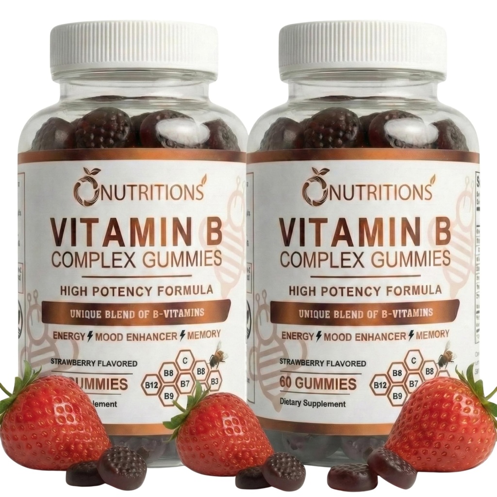 O HRANITVE Vitamin B Complex Vegan Gummies z vitaminom B12, B7 kot Biotin, B6, B3 kot Niacin, B5, B6, B8, B9 kot Folat za stres, energijo in zdravo imunski sistem (2 paket)