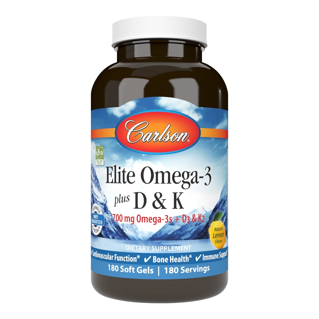 Carlson - Elite Omega-3 Plus D & K, 700 mg Omega-3s + D3 & K2, Funkcija, zdravje kosti in imunske podpore, Lemon, 180 kapsul