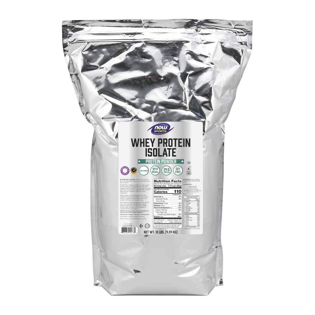 NOW Foods Športna prehrana, izolat sirotkinih beljakovin, 25 g z BCAA, brez arome v prahu, 10-pound