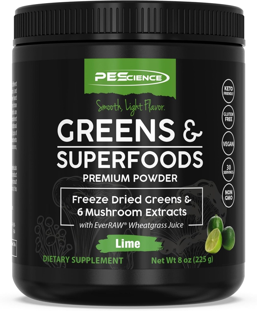PEScience Greens Powder Superživila z naravnim klorofilom, Reishi & Turčija Rep gobe praški, zmrznjeni kal, spinač, brokoli sprouti, limete arome, 30 servivi