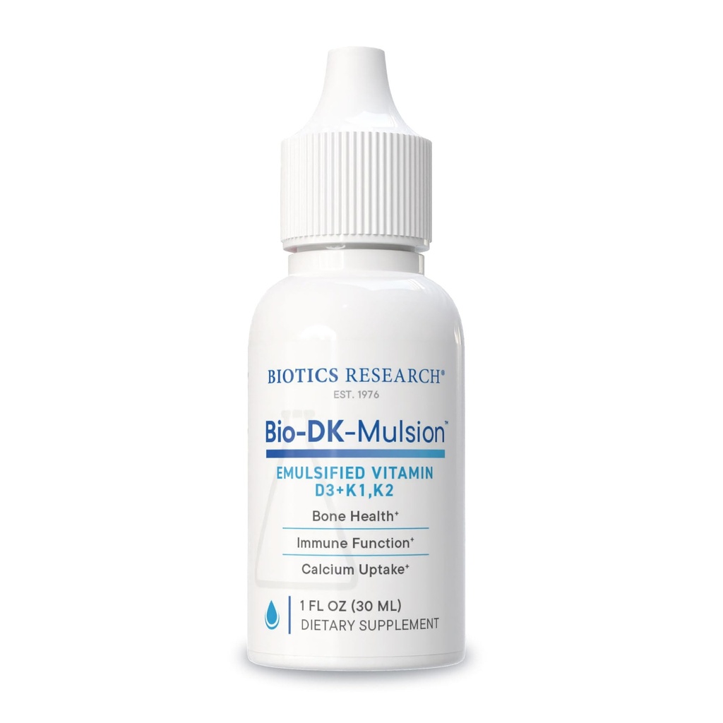 Biotics Raziskave Bio-DK-MulsionTM-Emulificirani tekoči vitamin D in K, D3 Kapljice 125 mcg & vitamin K (K1, K2) 300 mcg MK-7–Podpora Močnejše kosti, mišično-skeletna moč, zdravo srce in BMI 1 fl