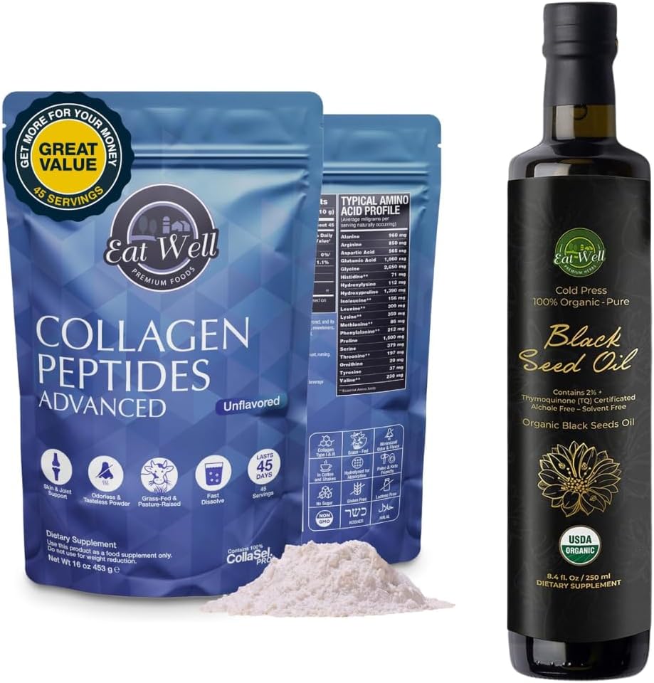 EAT WELL PREMIUM HRANE Kolagen Peptidi v prahu Beljakovine 45 Servisi, 16oz & USDA organsko črno olje semena 8.4 FL steklenica