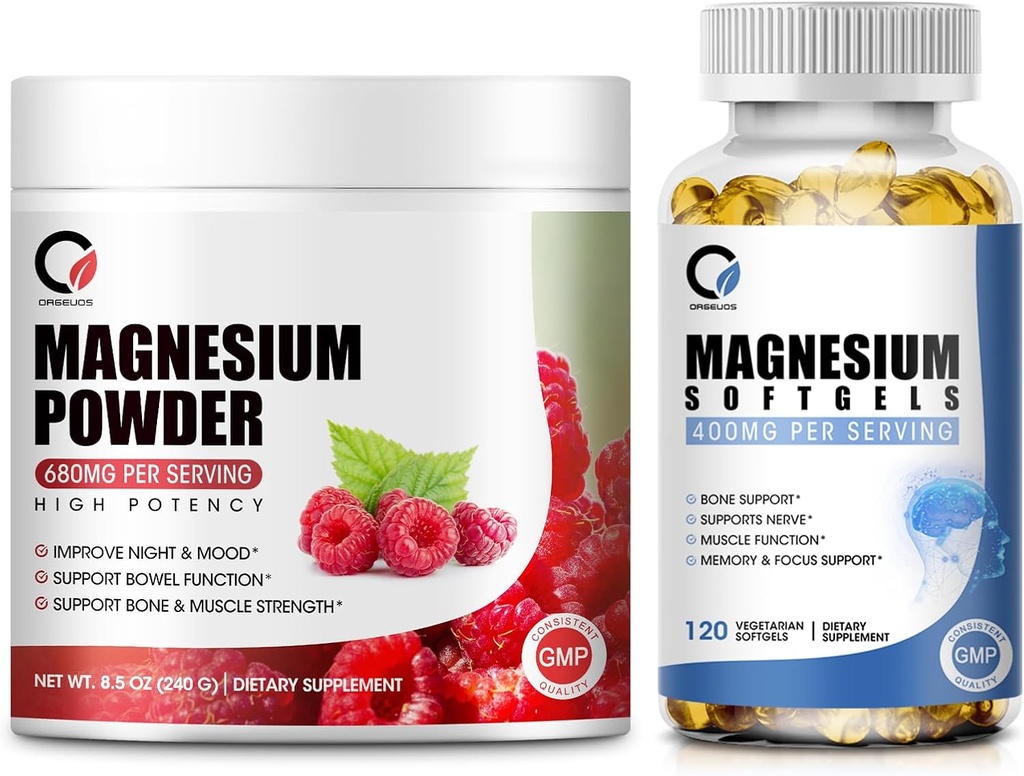 Magnezij Glycinate 400mg Softgels & 680mg Magnezijev Glycinate kompleks prašek za mirno, nočno podporo in mišice - Vegan, Non GSO