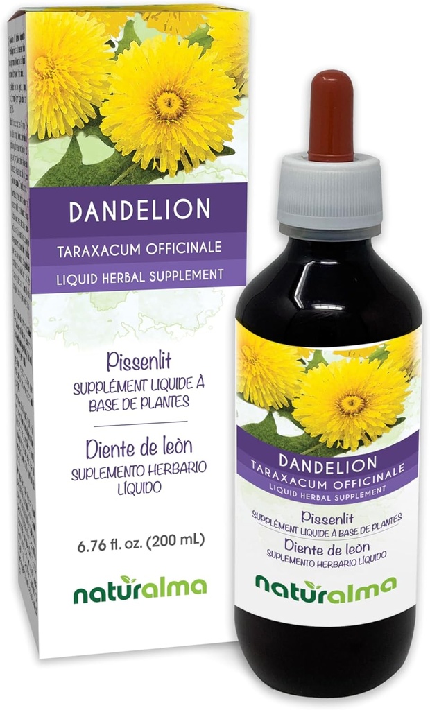 Naturalma Dandelion (Taraxacum officinale) Korenine in zelišča brez alkohola Tinktura - 6.76 fl oz Tekoči ekstrakt v kapljice - Zeliščni dodatek - Vegan