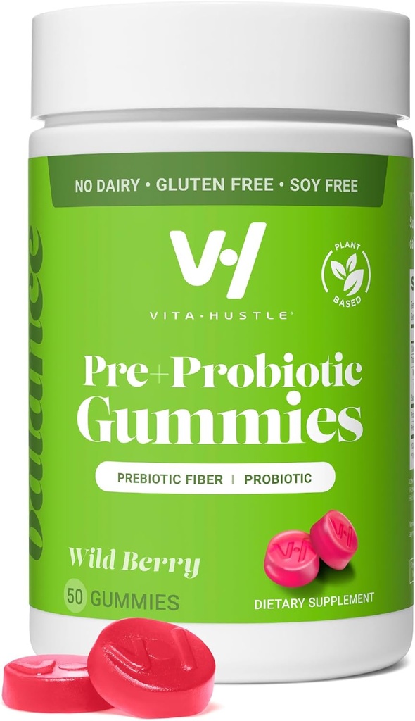 VitaHustle Pre + Probiotic Gummies, Vegan, Gut Health, Digestion, Bloating, Relief, Imunska podpora, Nizki sladkor, Rastlinski, Ne GSO, Berry Flavor, 50 Število