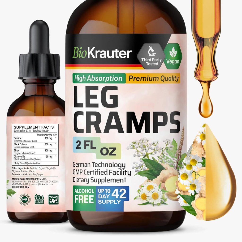 BIO KRAUTER Leg Cramps Tinkture s kinin - Ginger & Kamilica Tekoči izvlečki za noge Cramps - Naravni alkohol & sladkor brez formule - Veganske kapljice 2 Fl.Oz.