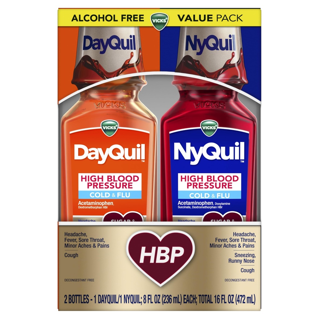 Vicks DayQuil & NyQuil visok krvni tlak hladno in Relief tekočine Medicine Co-Pack, močan večsimptom dan in nočno olajšanje za prehlad, kašelj in gripo, sladkor in alkohol brez, 2x8oz