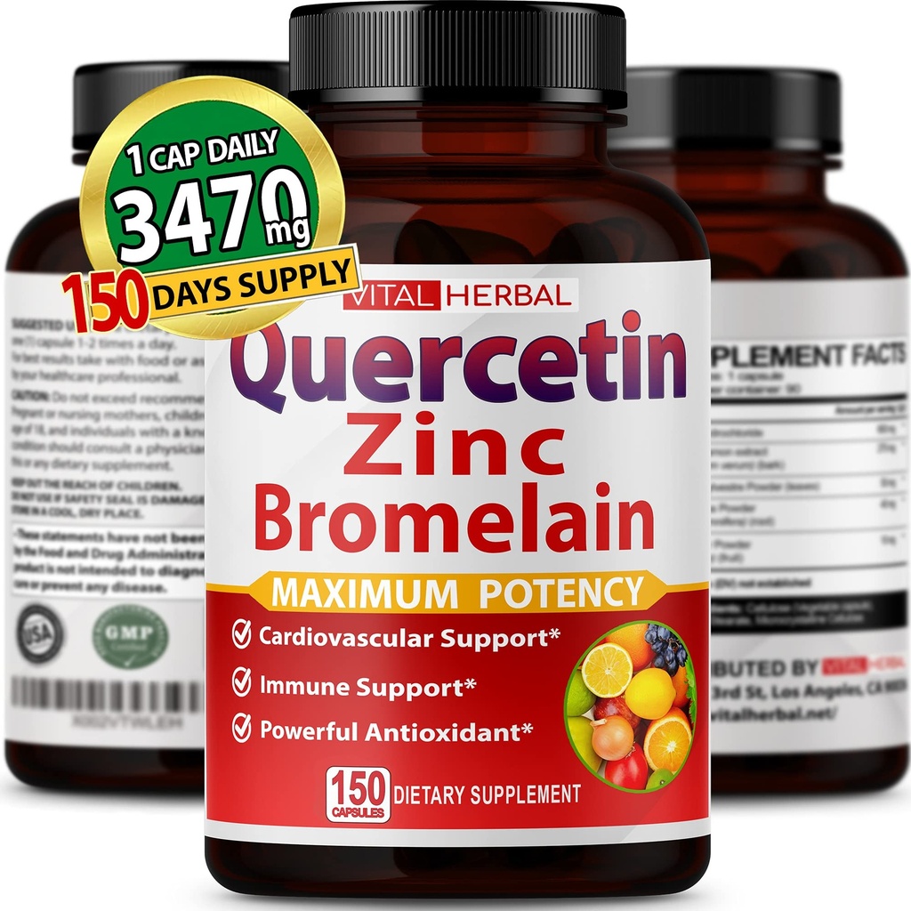 Premium visoka čistost Quercetin 98% z Bromelain kapsule za največjo moč z zelenim čajem Ashwagandha - Podpira splošno zdravje moč energije - 150 dni