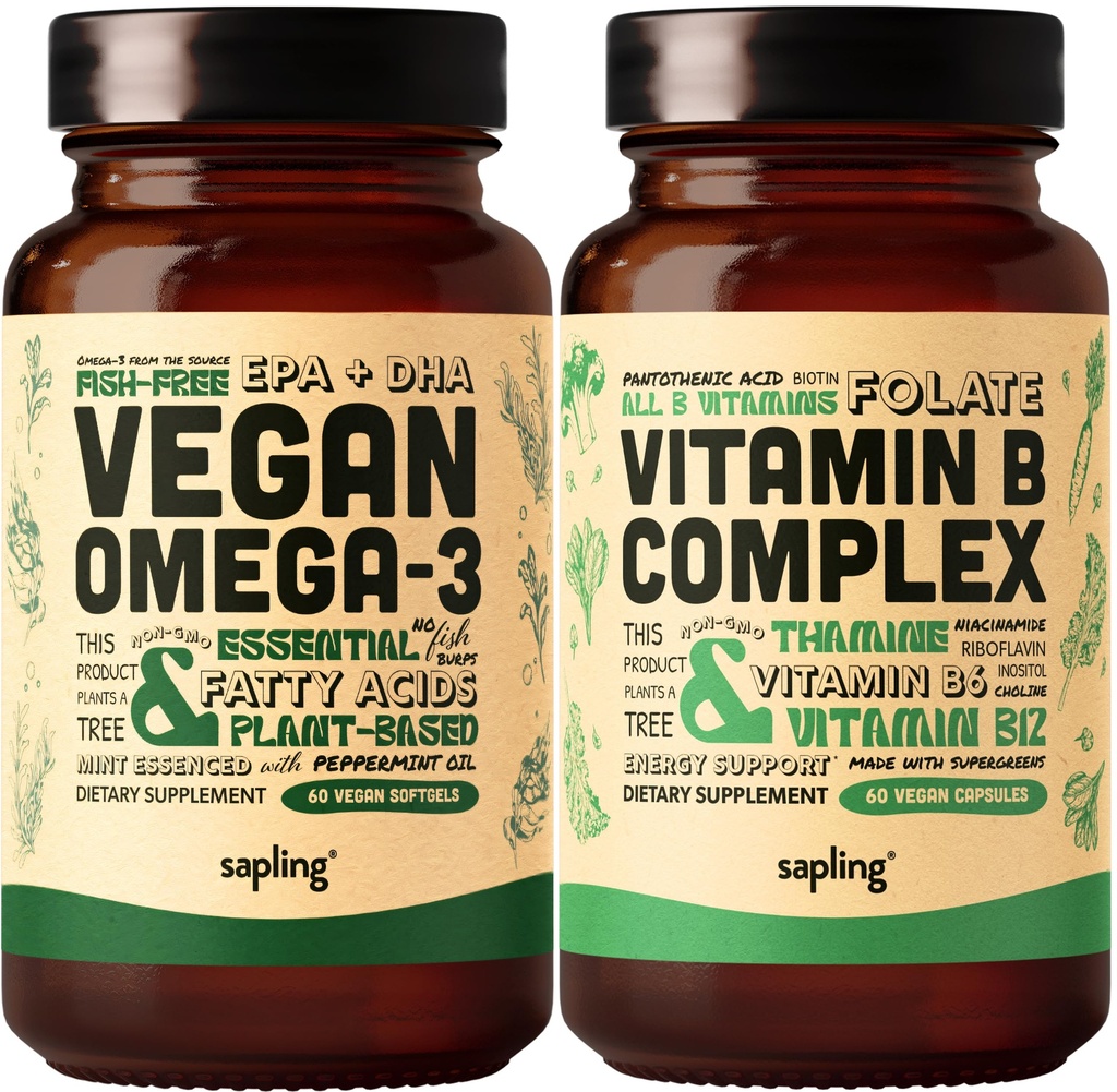 Vegan Omega 3 & Vegan Vitamin B Kompleksni paket - Na rastlinah osnovane DHA & EPA Maščobne kisline, Essential B Vitamini s celotno živilsko mešanico, B1, B2, B3, B5, B6, B7, Folat