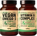 Vegan Omega 3 & Vegan Vitamin B Kompleksni paket - Na rastlinah osnovane DHA & EPA Maščobne kisline, Essential B Vitamini s celotno živilsko mešanico, B1, B2, B3, B5, B6, B7, Folat