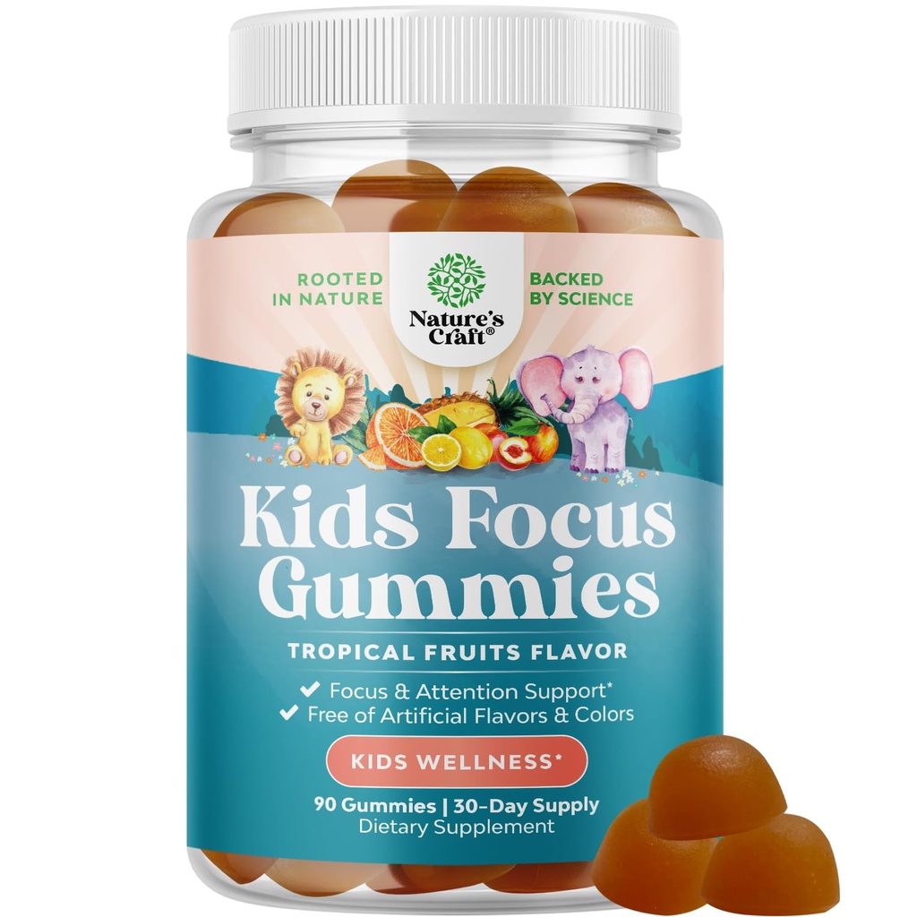Otroci Fokus Gumies - Nootropics Brain Support Supplement za otroke z izvlečkom zelenega čaja, B6 & B12 Vitamini za spomin in Brain Focus - Zeliščna koncentracija žveči za otroke - 90 Count