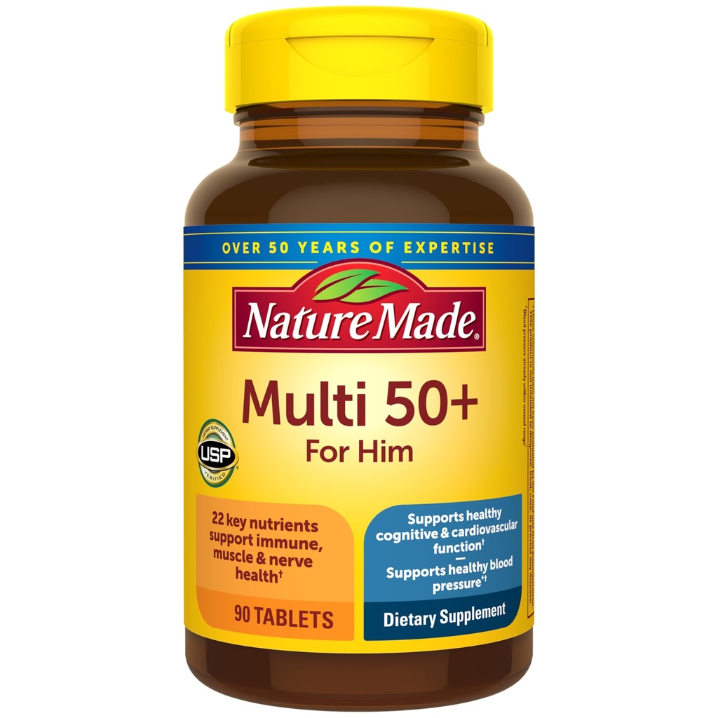 Narava made Multivitamin za moške nad 50, Moški multivitaminski 50 Plus, Dnevna prehranska podpora, Narava Made Multi Vitamini, 90 Tablete, 90 Dnevna dobava