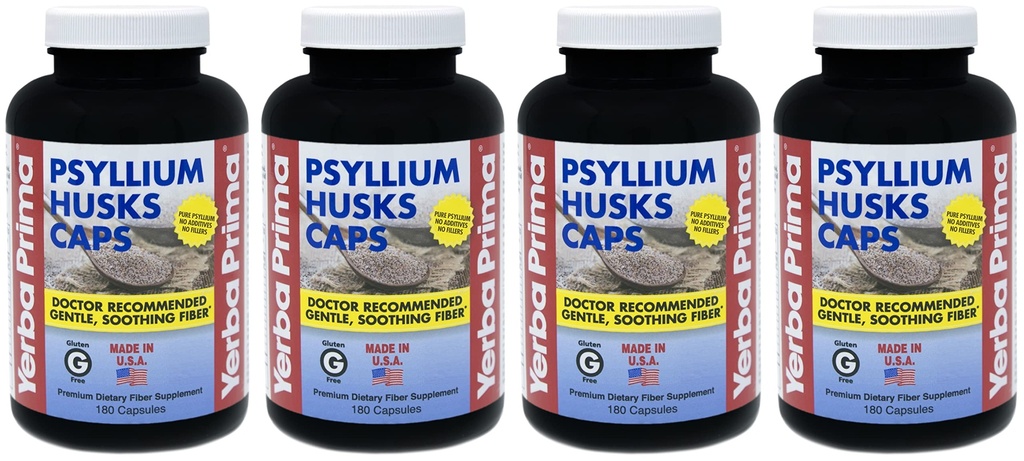 Yerba Prima Psyllium Husks Caps - 180 kap (paka 4) - Naravna Fiber dodatek - Non-GMO Gluten Free